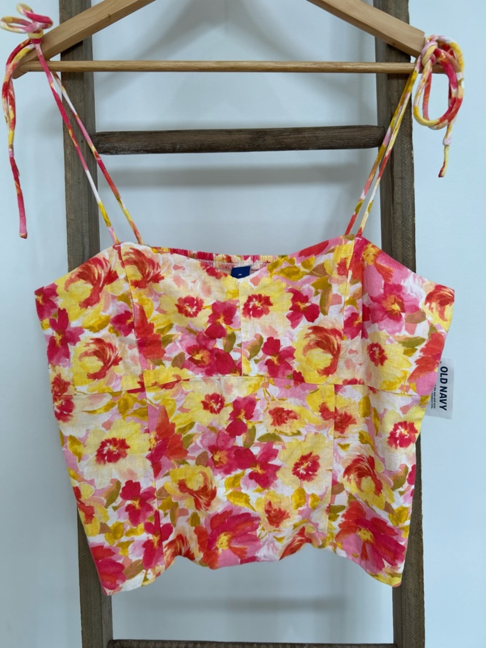 Old Navy Floral Linen-Blend Tie-Shoulder Cami Top Pink Yellow Size M NWT Spring